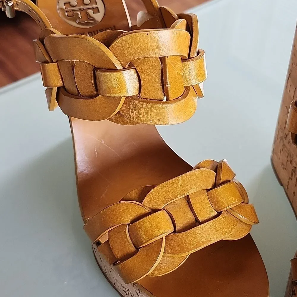 Tory Burch Calyca Leather And Cork Boho Chic Retro 70's Disco Vibe Heels‎ Size 9